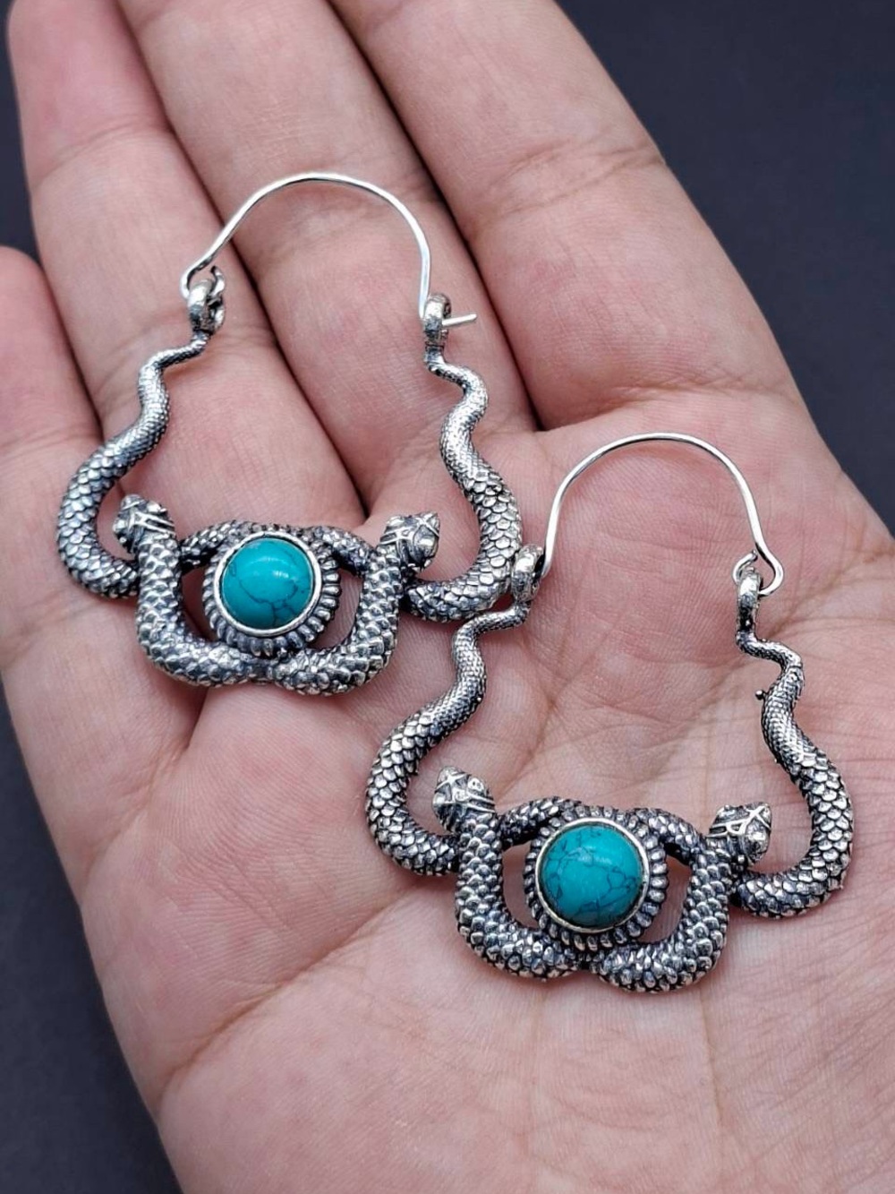 Turquoise Stone Silver Snake Hoop Earrings - Women Jewelry